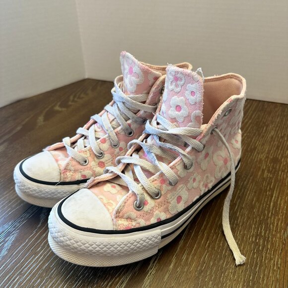 Converse High Tops - Pink with Flocked Flowers - Youth 4 - Picture 2 of 4